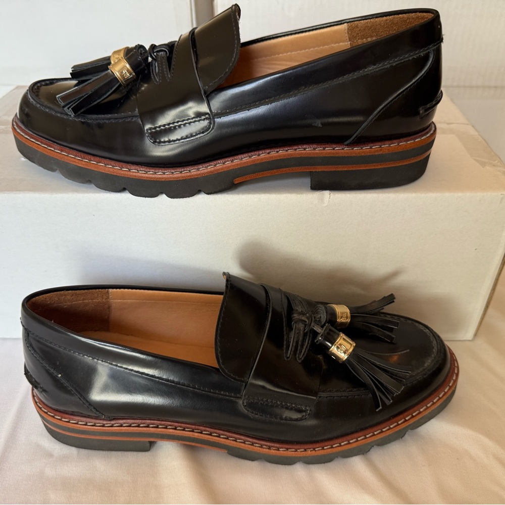 Stuart Weitzman Black Patent Tassel Loafers with Gold Accents - Picture 6 of 7